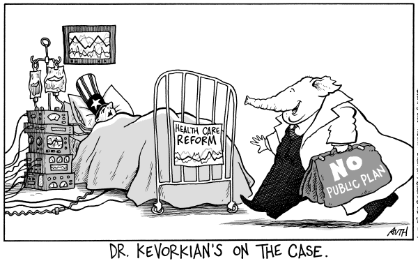 Political/Editorial Cartoon by Tony Auth, Philadelphia Inquirer on Health Reform Plan in Trouble