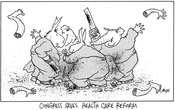 Political/Editorial Cartoon by Tony Auth, Philadelphia Inquirer on Parties Cooperate on Health Reform