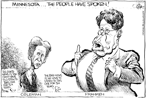 Political/Editorial Cartoon by Pat Oliphant, Universal Press Syndicate on Franken Finally Wins Senate Seat