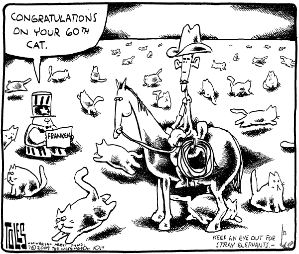 Political/Editorial Cartoon by Tom Toles, Washington Post on Franken Finally Wins Senate Seat
