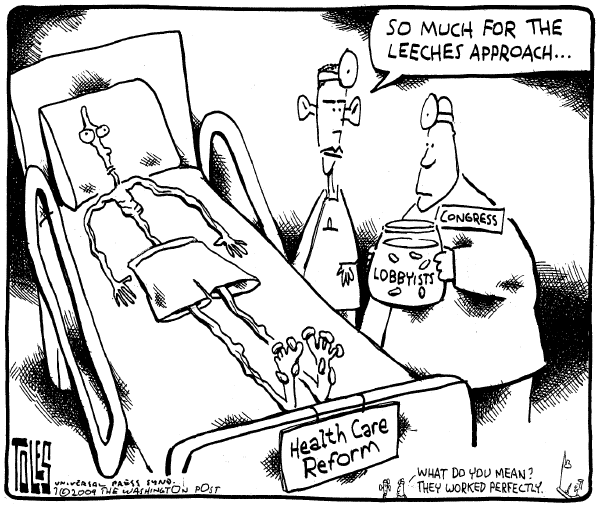 Political/Editorial Cartoon by Tom Toles, Washington Post on Health Reform Suffers Setback