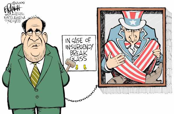 Political/Editorial Cartoon by John Branch, San Antonio Express-News on US Withdraws from Iraqi Cities