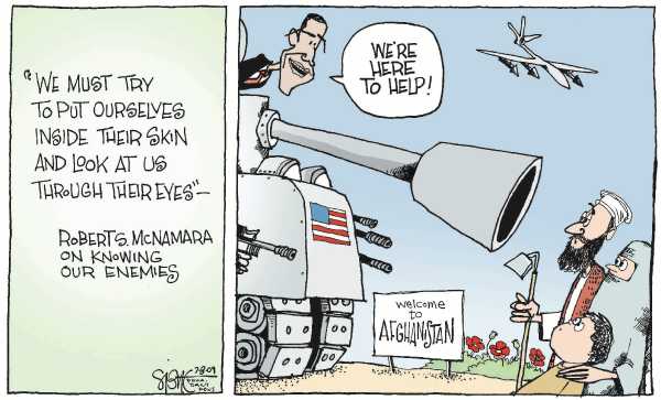 Political/Editorial Cartoon by Signe Wilkinson, Philadelphia Daily News on Robert McNamara Dies