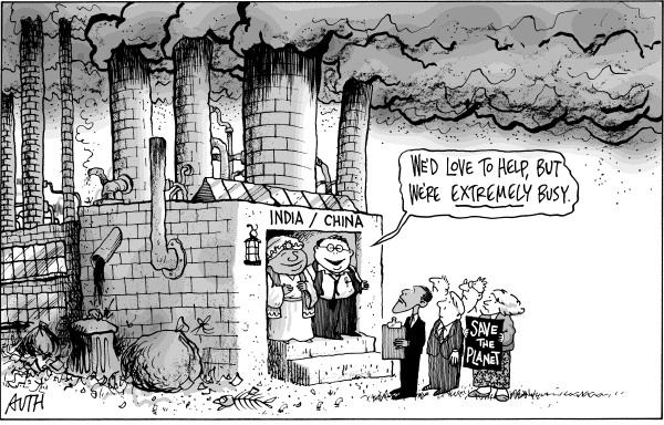 Political/Editorial Cartoon by Tony Auth, Philadelphia Inquirer on Climate Fix on Hold