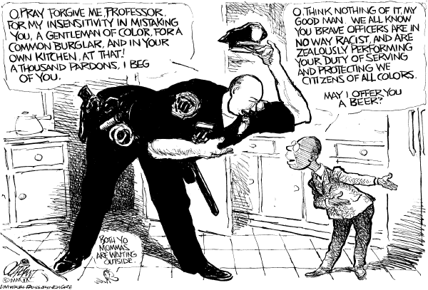 Political/Editorial Cartoon by Pat Oliphant, Universal Press Syndicate on Obama Calls for Beer Summit