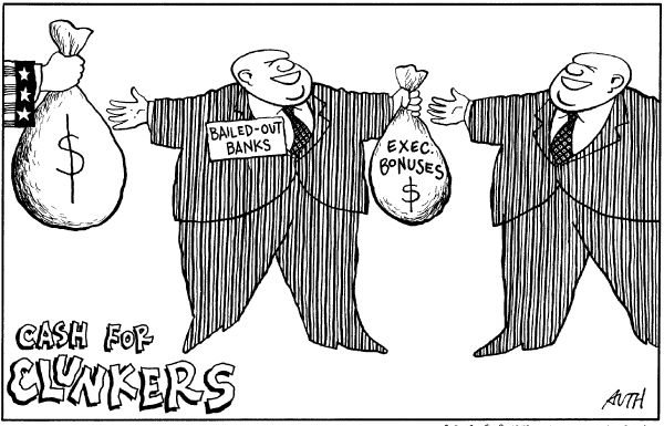 Political/Editorial Cartoon by Tony Auth, Philadelphia Inquirer on Bailout, Stimulus Paying Off