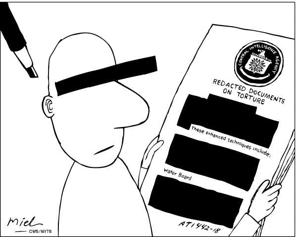 Political/Editorial Cartoon by Deng Coy Miel, The Straits Times, Singapore on CIA Releases Torture Documents