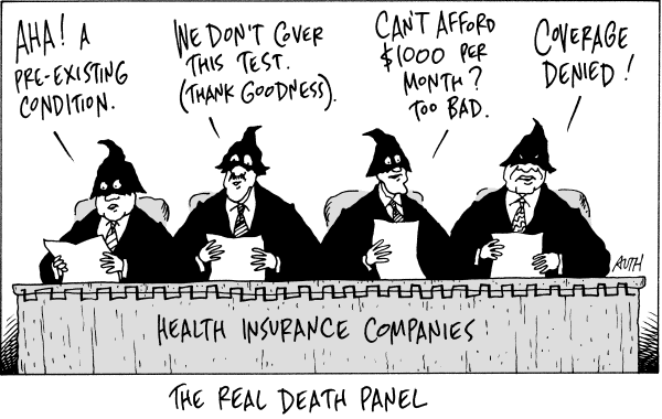 Political/Editorial Cartoon by Tony Auth, Philadelphia Inquirer on Death Panels a Reality