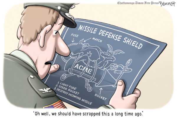 Political/Editorial Cartoon by Clay Bennett, Chattanooga Times Free Press on Missle Shield Scrapped