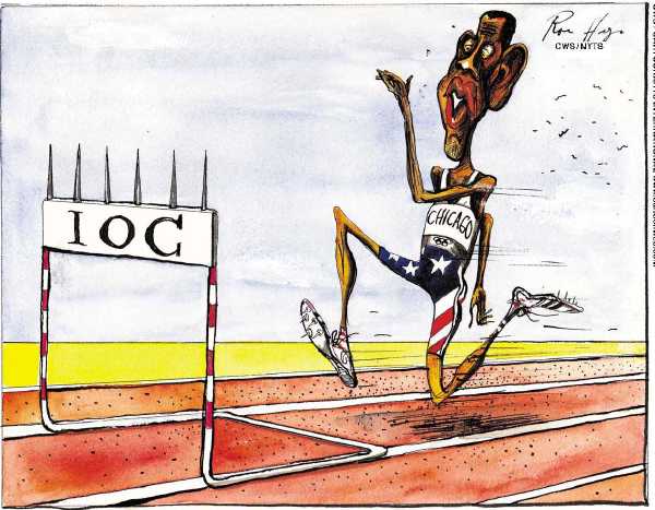 Political/Editorial Cartoon by Roar Hagen, Verdens Gang, Oslo, Norway on Obama Stumps for Olympics