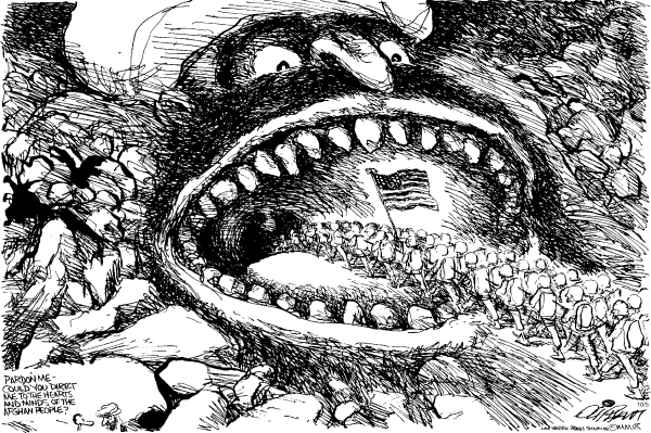 Political/Editorial Cartoon by Pat Oliphant, Universal Press Syndicate on War in Afghanistan Escalates