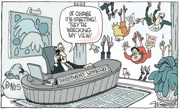 Political/Editorial Cartoon by Signe Wilkinson, Philadelphia Daily News on Stock Market, Joblessness Up