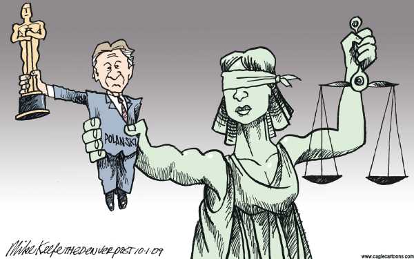 Political/Editorial Cartoon by Mike Keefe, Denver Post on Polanski Arrested in Switzerland