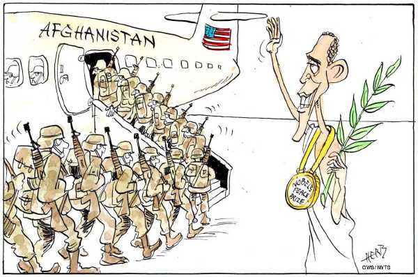 Political/Editorial Cartoon by Herbjørn Skogstad, Dagningen, Lillehammer, Norway on Obama Commits More Troops to War
