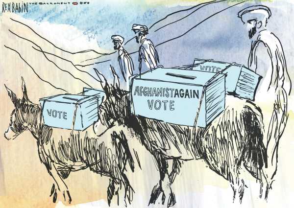 Political/Editorial Cartoon by Rex Babin, Sacramento Bee on Afghanistan to Have Runoff Election