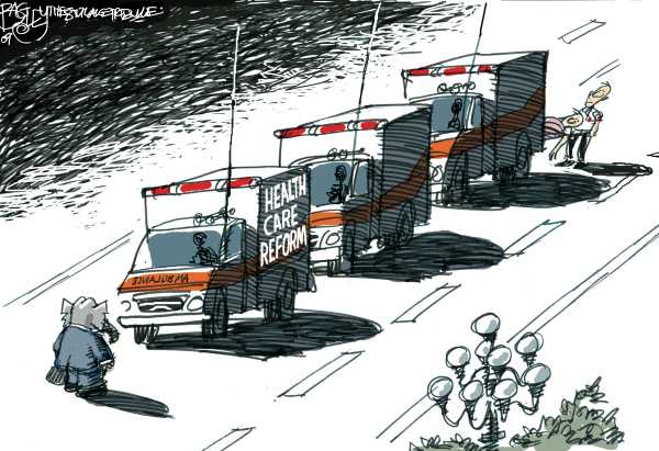 Political/Editorial Cartoon by Pat Bagley, Salt Lake Tribune on Public Option Stalled