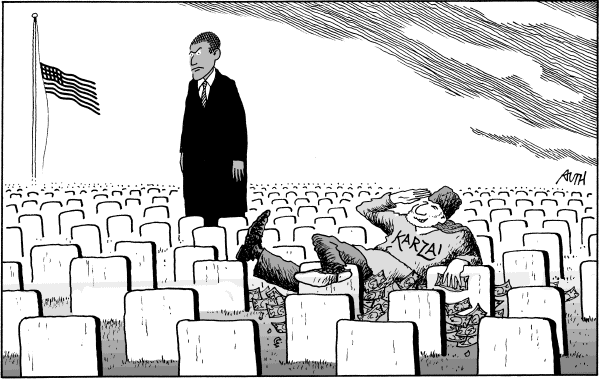 Political/Editorial Cartoon by Tony Auth, Philadelphia Inquirer on Obama: More Troops to Afghanistan