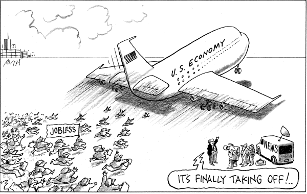 Political/Editorial Cartoon by Tony Auth, Philadelphia Inquirer on Economy Moving Again