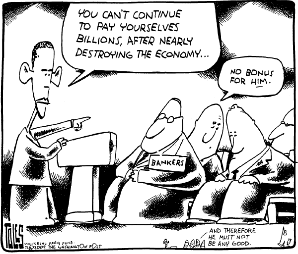 Political/Editorial Cartoon by Tom Toles, Washington Post on President Reaches Out to Bankers
