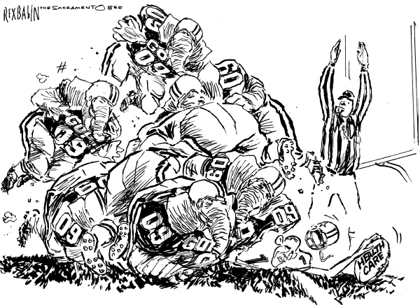 Political/Editorial Cartoon by Rex Babin, Sacramento Bee on Health Bill Reaches First Goal