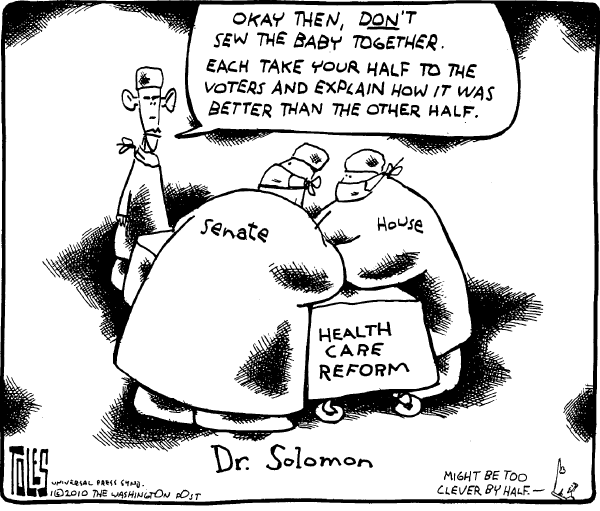Political/Editorial Cartoon by Tom Toles, Washington Post on Public Option Devastated