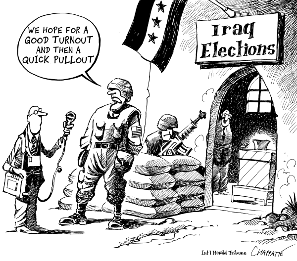 Political/Editorial Cartoon by Patrick Chappatte, International Herald Tribune on Elections in Iraq Going Well