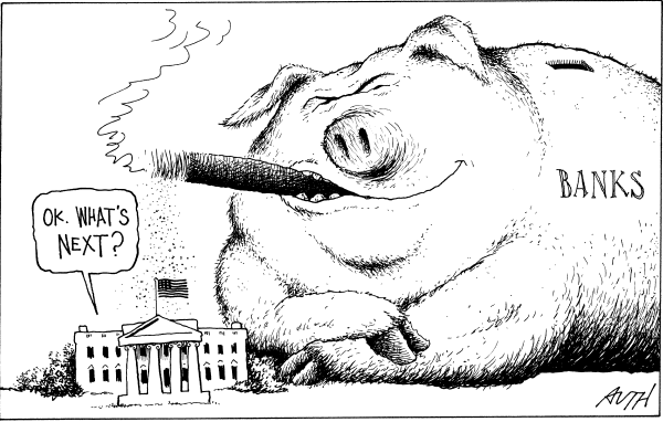 Political/Editorial Cartoon by Tony Auth, Philadelphia Inquirer on Banks Face Regulation