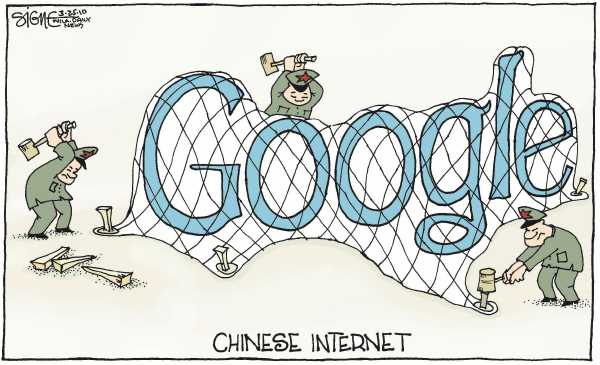 Political/Editorial Cartoon by Signe Wilkinson, Philadelphia Daily News on China-Google Battle Continues