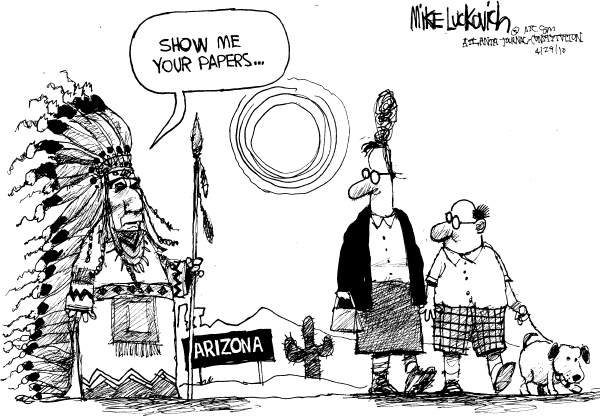 Political/Editorial Cartoon by Mike Luckovich, Atlanta Journal-Constitution on Immigration Crackdown in Arizona