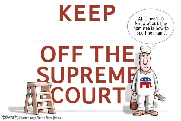 Political/Editorial Cartoon by Clay Bennett, Chattanooga Times Free Press on Supreme Court Battle Begins