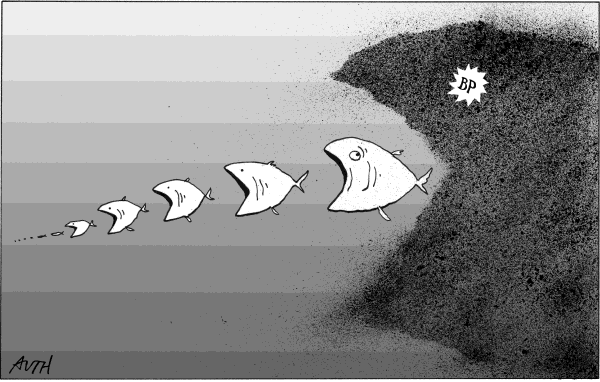 Political/Editorial Cartoon by Tony Auth, Philadelphia Inquirer on Oil Still Spewing into Gulf