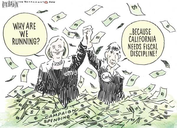 Political/Editorial Cartoon by Rex Babin, Sacramento Bee on Race Heats Up in California