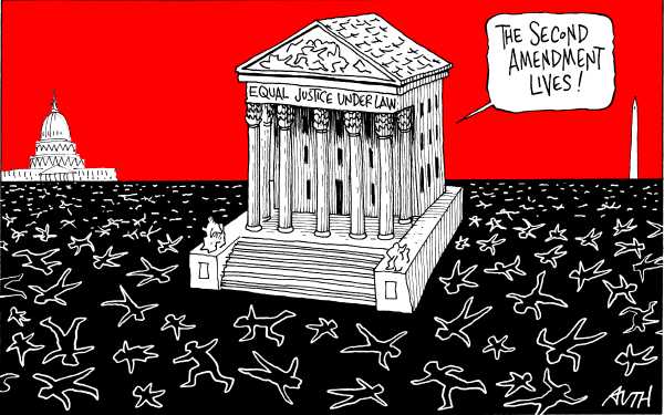 Political/Editorial Cartoon by Tony Auth, Philadelphia Inquirer on Court Sides with Gun Lobby