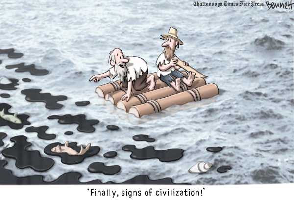 Political/Editorial Cartoon by Clay Bennett, Chattanooga Times Free Press on Spewing Oil Beneficial, BP Says