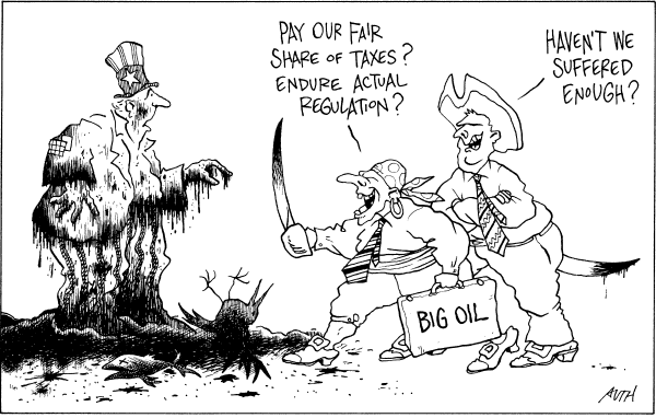 Political/Editorial Cartoon by Tony Auth, Philadelphia Inquirer on Latest Oil Plug Fails