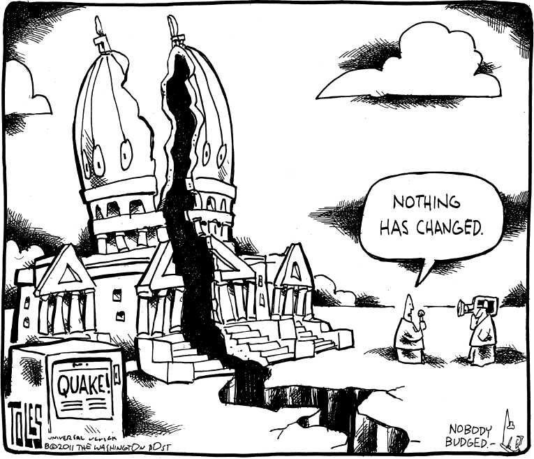 Political/Editorial Cartoon by Tom Toles, Washington Post on 5.8 Quake Jolts East