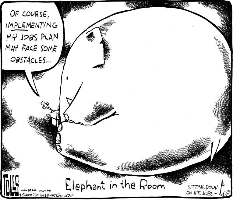 Political/Editorial Cartoon by Tom Toles, Washington Post on Obama Presents Jobs Bill