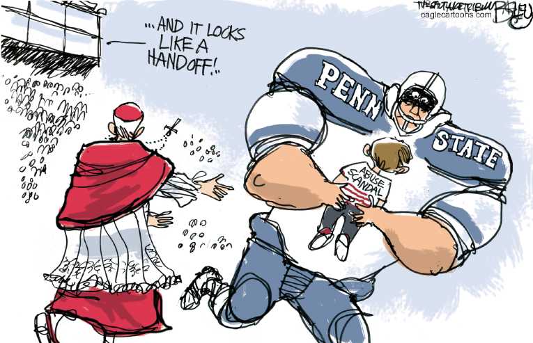 Political/Editorial Cartoon by Pat Bagley, Salt Lake Tribune on Paterno Goes Down