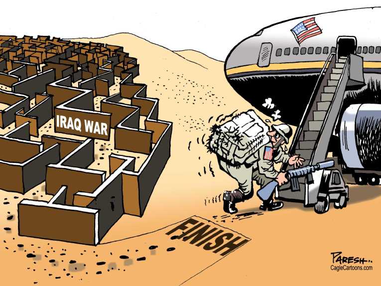 Political/Editorial Cartoon by Paresh Nath, National Herald, New Delhi, India on US Troops Exit Iraq