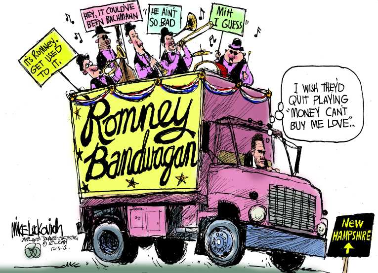 Political/Editorial Cartoon by Mike Luckovich, Atlanta Journal-Constitution on Romney, Santorum, Paul Win Iowa