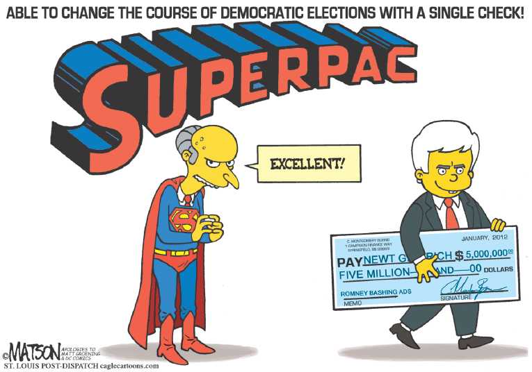 Political/Editorial Cartoon by RJ Matson, Cagle Cartoons on “Citizens United” Ruling Being Felt
