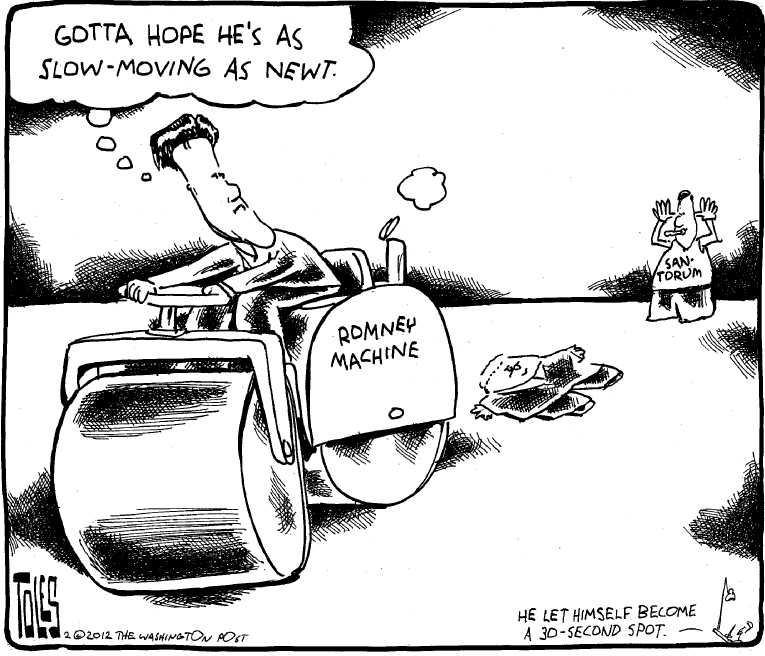 Political/Editorial Cartoon by Tom Toles, Washington Post on Romney and Santorum in Dead Heat