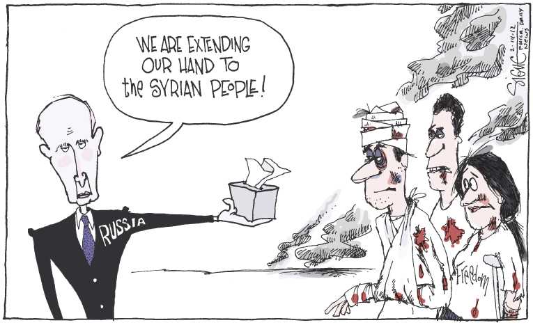 Political/Editorial Cartoon by Signe Wilkinson, Philadelphia Daily News on Syrian Killings Escalate