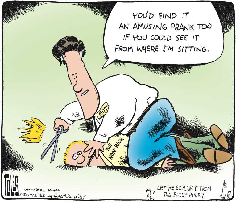 Political/Editorial Cartoon by Tom Toles, Washington Post on Romney Dismisses School “Prank”