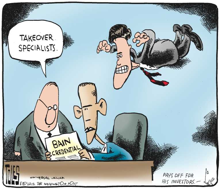 Political/Editorial Cartoon by Tom Toles, Washington Post on Romney Wins Key Endorsement
