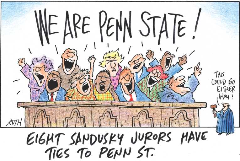 Political/Editorial Cartoon by Tony Auth, Philadelphia Inquirer on Sandusky Trial Begins