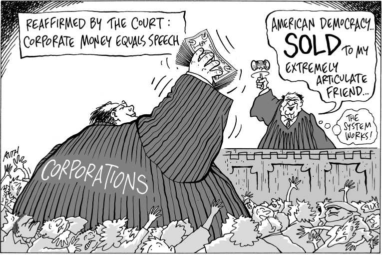 Political/Editorial Cartoon by Tony Auth, Philadelphia Inquirer on Supreme Court Rules: Money Talks
