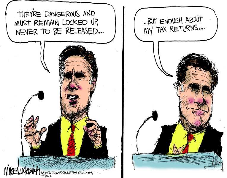 Political/Editorial Cartoon by Mike Luckovich, Atlanta Journal-Constitution on Romney Goes on the Defensive