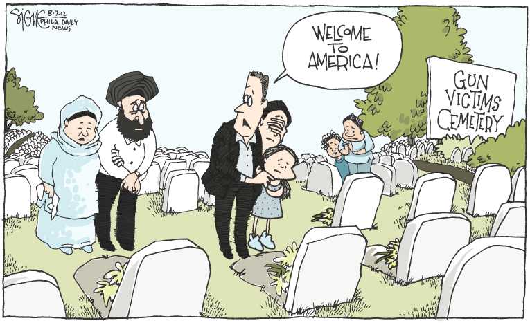 Political/Editorial Cartoon by Signe Wilkinson, Philadelphia Daily News on Gunman Kills 6 In Wisconsin