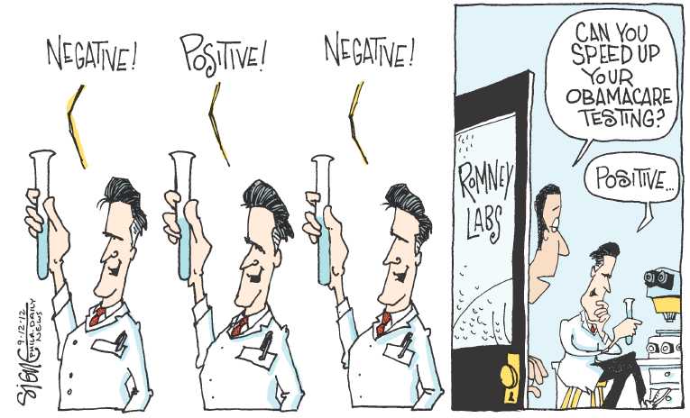 Political/Editorial Cartoon by Signe Wilkinson, Philadelphia Daily News on Romney Changes Health Care Stance